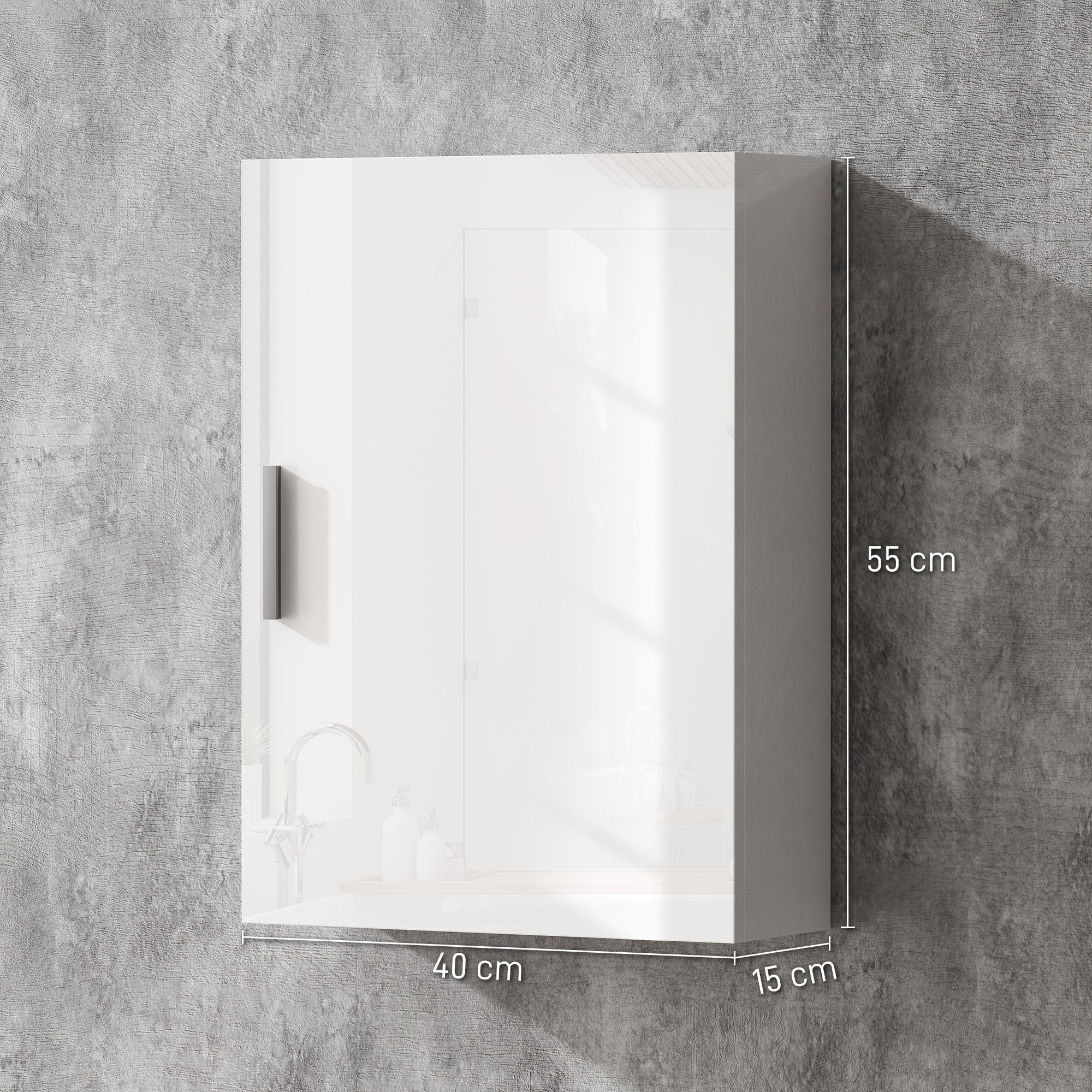 Armario de Baño Pared, Mueble de Baño Colgar con Estantes Ajustables de Vidrio Templado, Ahorro de Espacio, para Entrada, 40x15x55 cm, Blanco Brillo