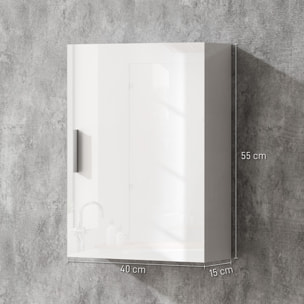 Armario de Baño Pared, Mueble de Baño Colgar con Estantes Ajustables de Vidrio Templado, Ahorro de Espacio, para Entrada, 40x15x55 cm, Blanco Brillo