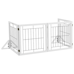 Barrière de sécurité pour animaux autoportante - barrière modulable pliable 4 panneaux - 2 pieds support - acier noir bois blanc