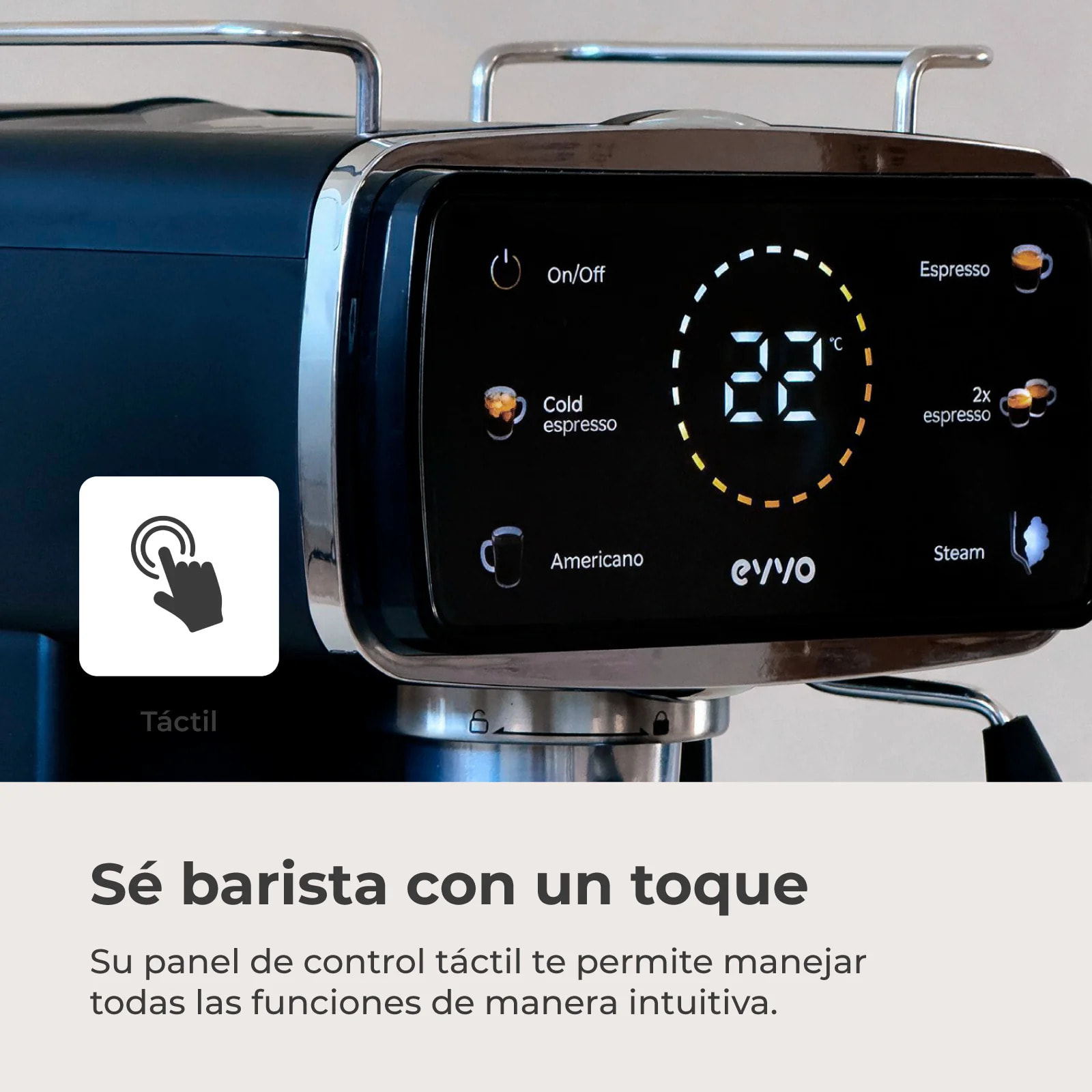 EVVO Cafetera Express Intensa 30. panel táctil a color. 20 bares de presion. Espressos y Capuccinos. 1350W. Doble salida. portafiltros. Depósito de 1.5 l