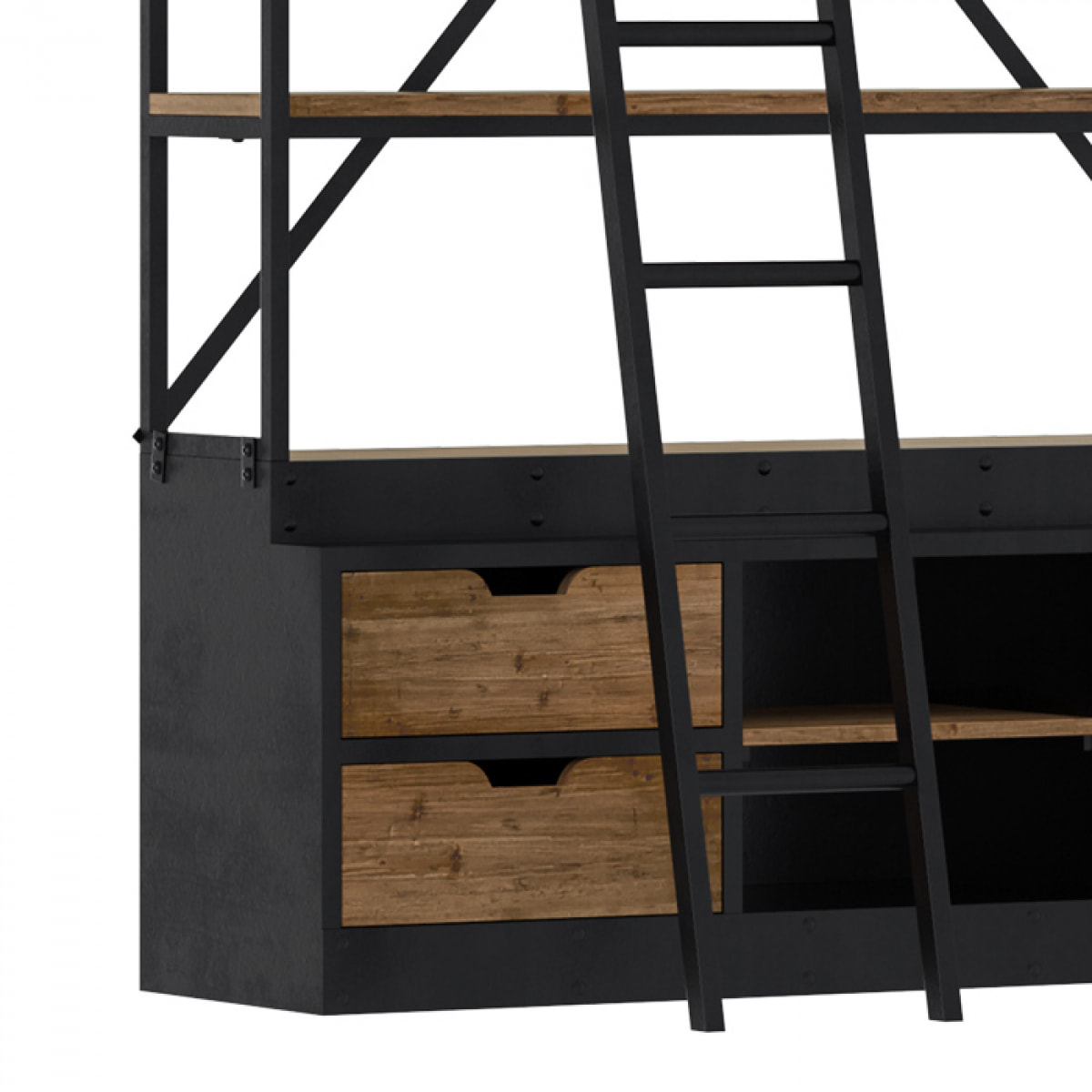 Bibliothèque 160 cm en bois et métal avec échelle, 4 tiroirs - Kasi