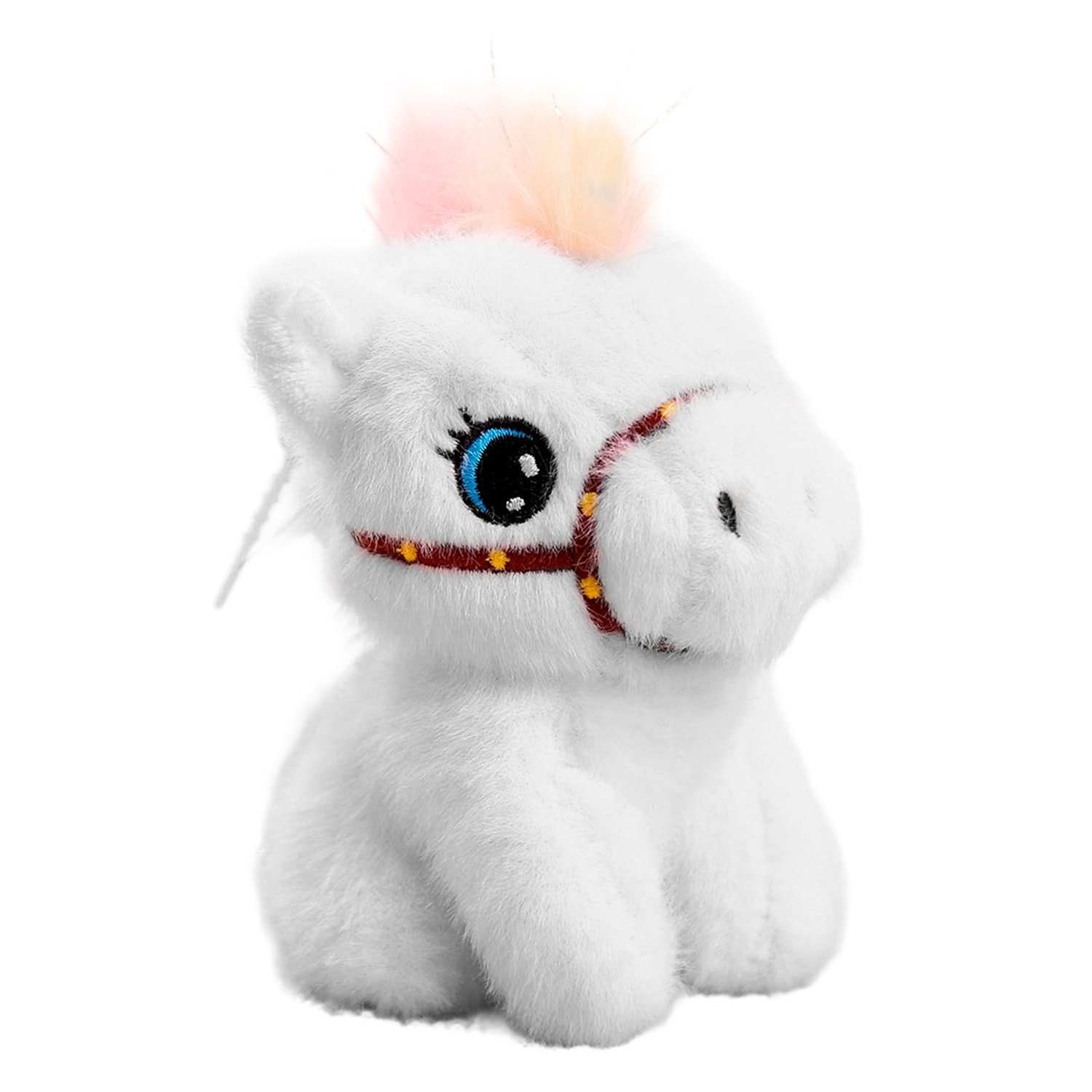 Peluche extrasuave y mullido con colgante. Diseño potro sentado blanco. 13 cm.
