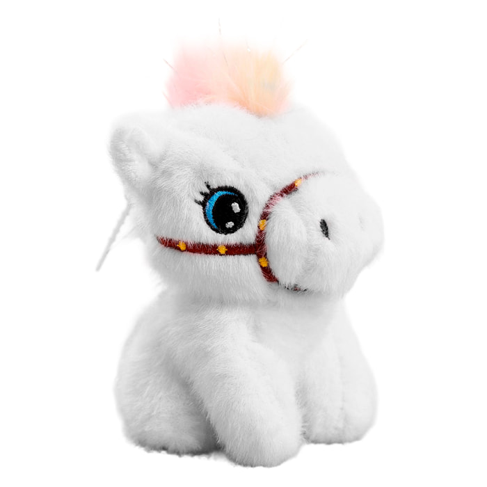 Peluche extrasuave y mullido con colgante. Diseño potro sentado blanco. 13 cm.