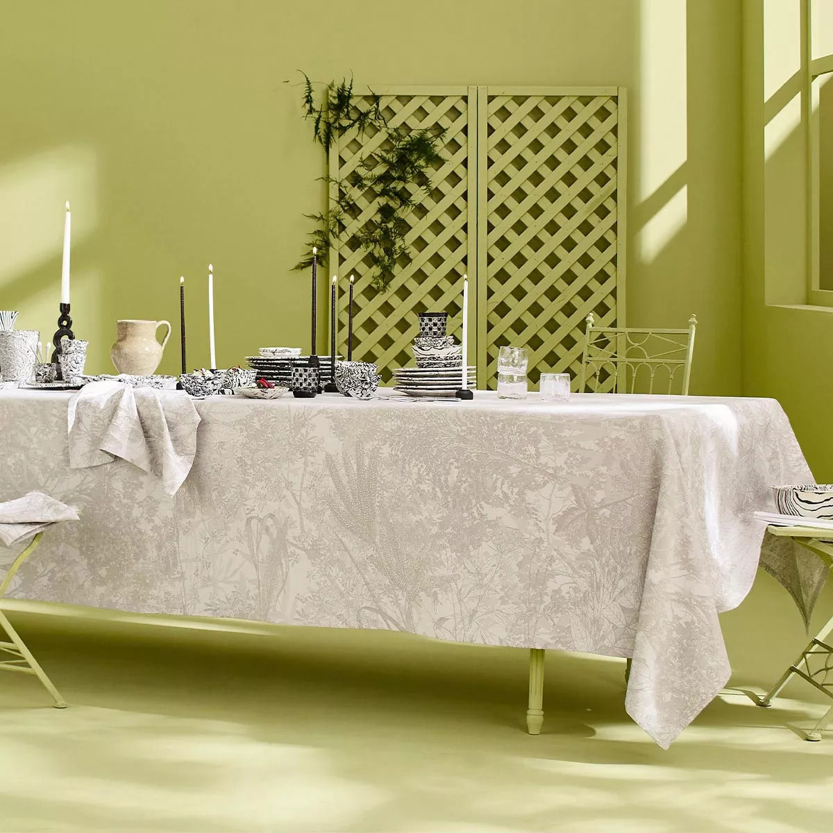 Nappe pur coton 220 g/m² motif jacquard beige Mille esprit jardins chanvre