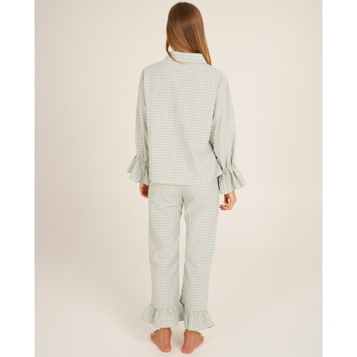 Camiseta de pijama de mujer abotonada de cuadros vichy