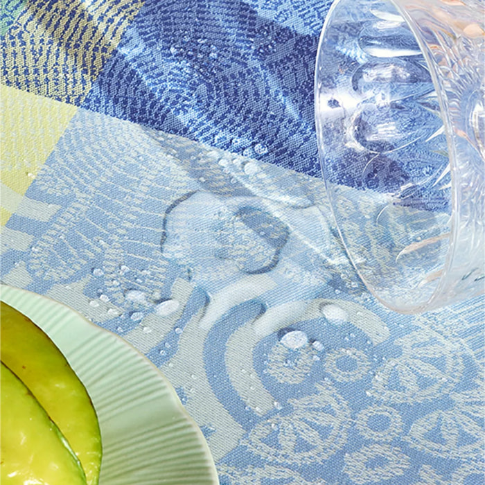 Nappe pur coton enduit motif jacquard bleu Mille rainures atoll