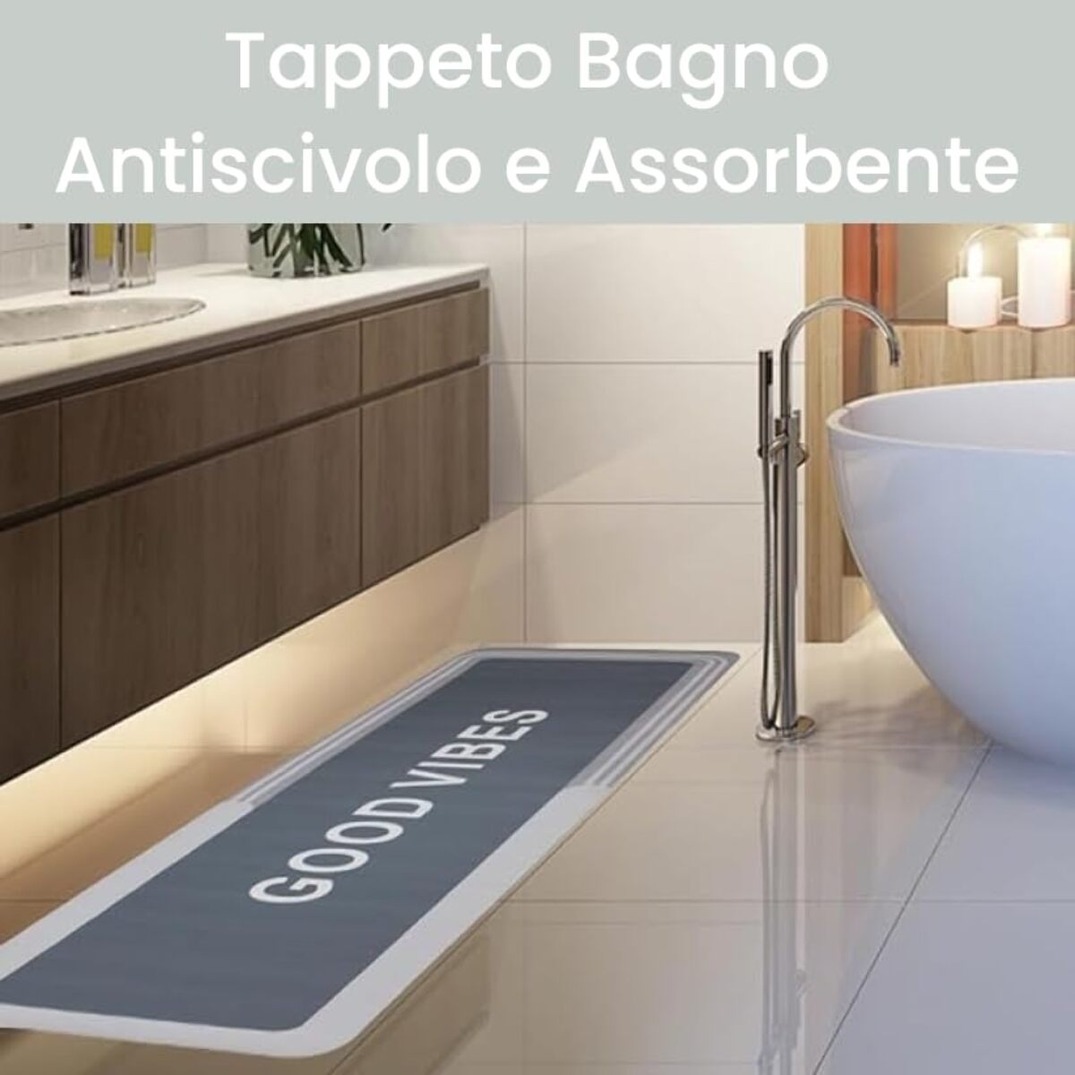 Tappeto Bagno, Tappeto Doccia Antiscivolo, Assorbente, Lavabile, 50x140 cm, Tappetino Magico per Bagno e Cucina. Modello: Good Vibes