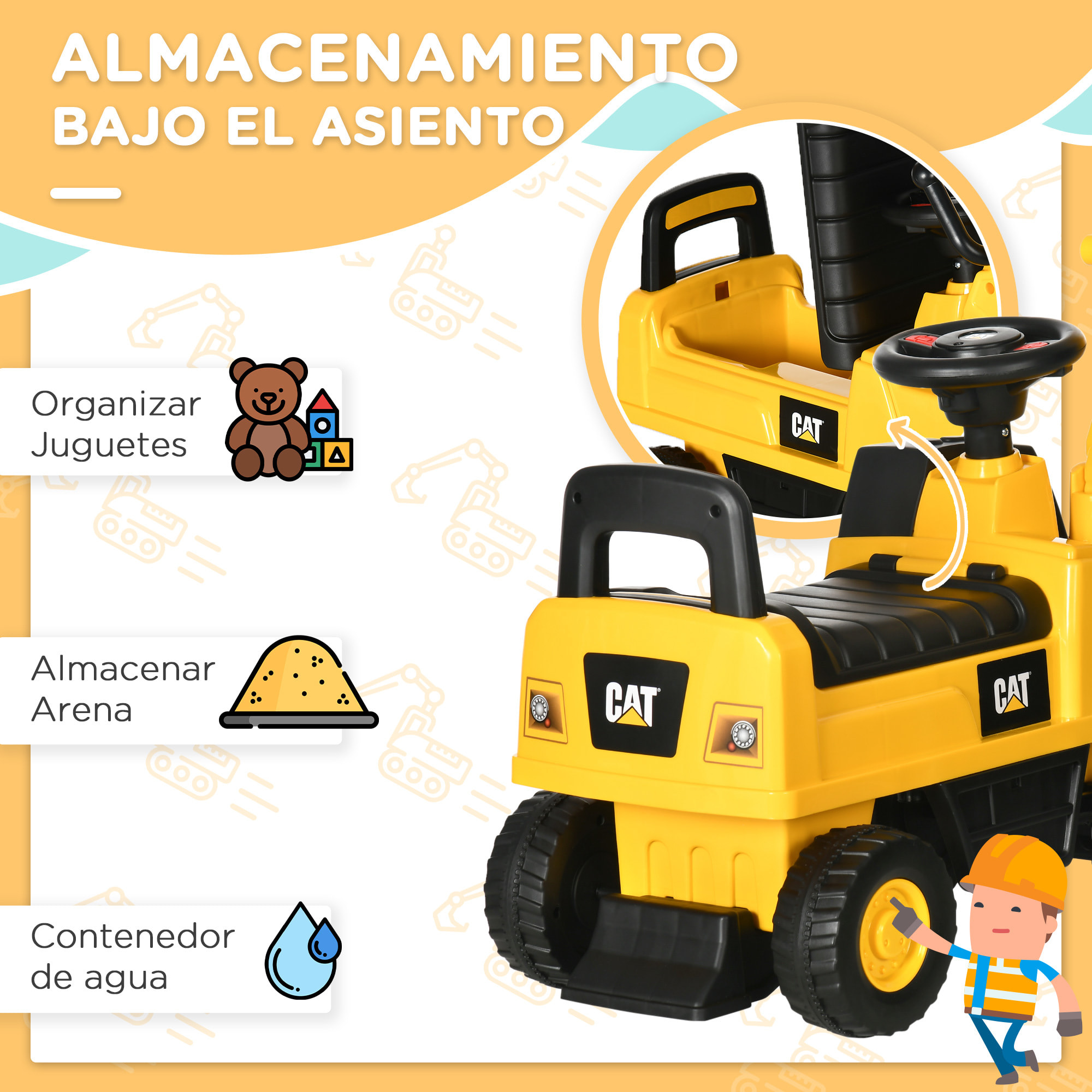 Excavadora con Licencia Caterpillar Excavadora Correpasillos para Niños de 1-3 Años con Asiento de Almacenamiento Pala Delantera y Bocina Carga 25 kg 85x27,5x47,5 cm Amarillo