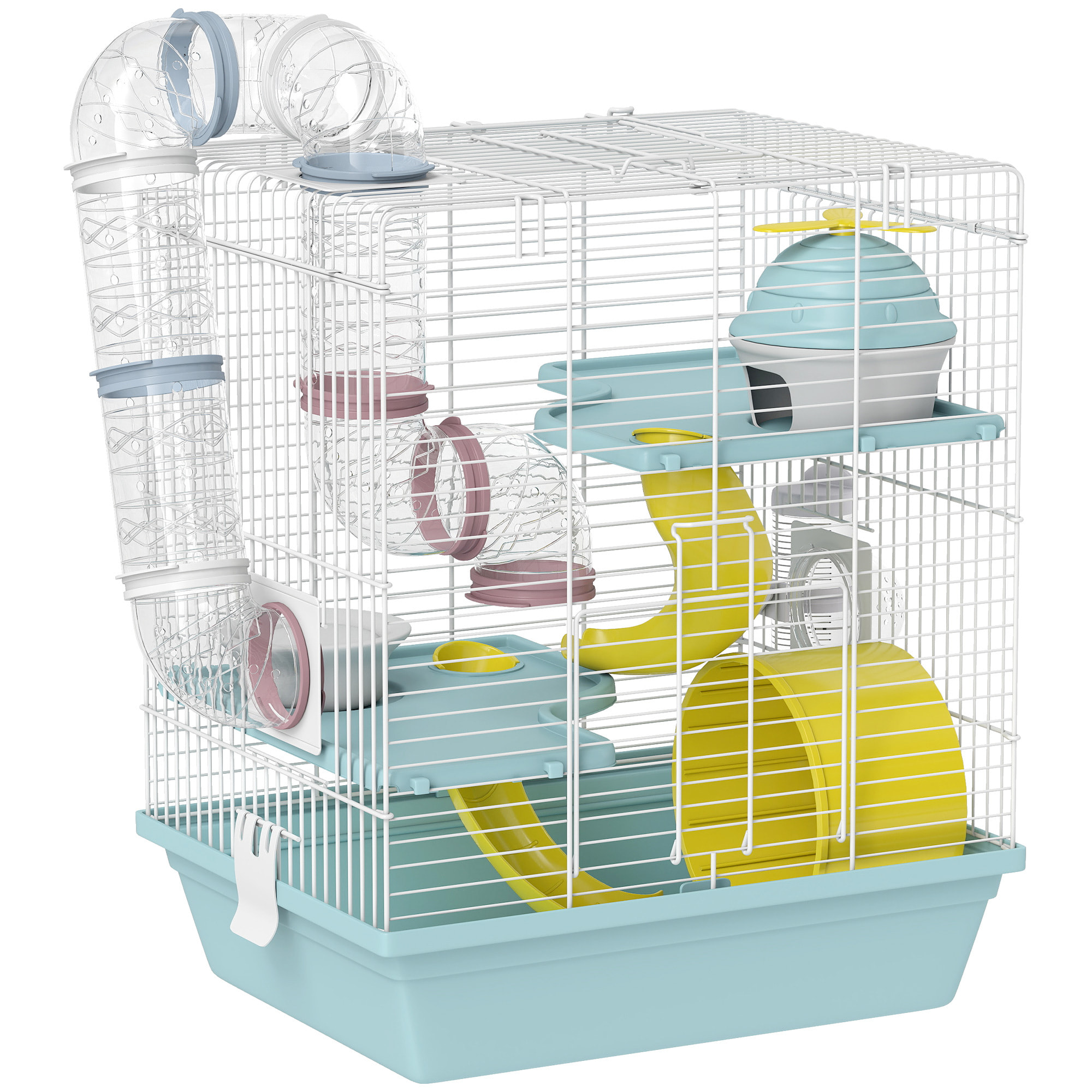 Cage rongeur hamster 3 niveaux cabane roue tunnel toboggan biberon mangeoire 34 x 27 x 41 cm blanc bleu