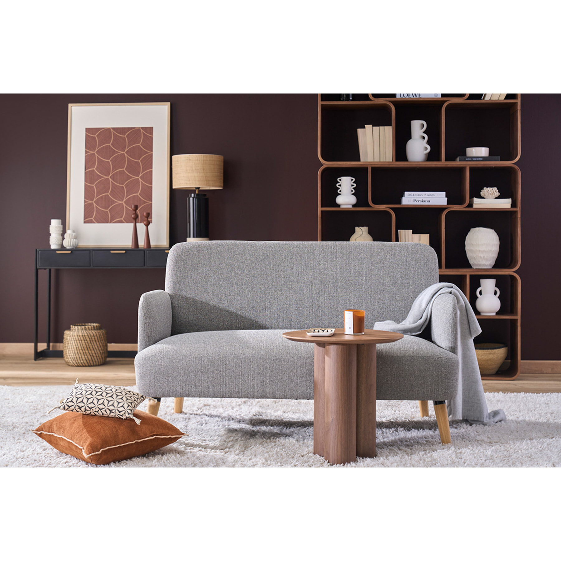 Canapé scandinave 2 places en tissu bleu canard et bois clair ISKO
