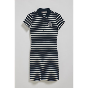 Vestido azul marino de rayas y cuello de polo con parche náutico