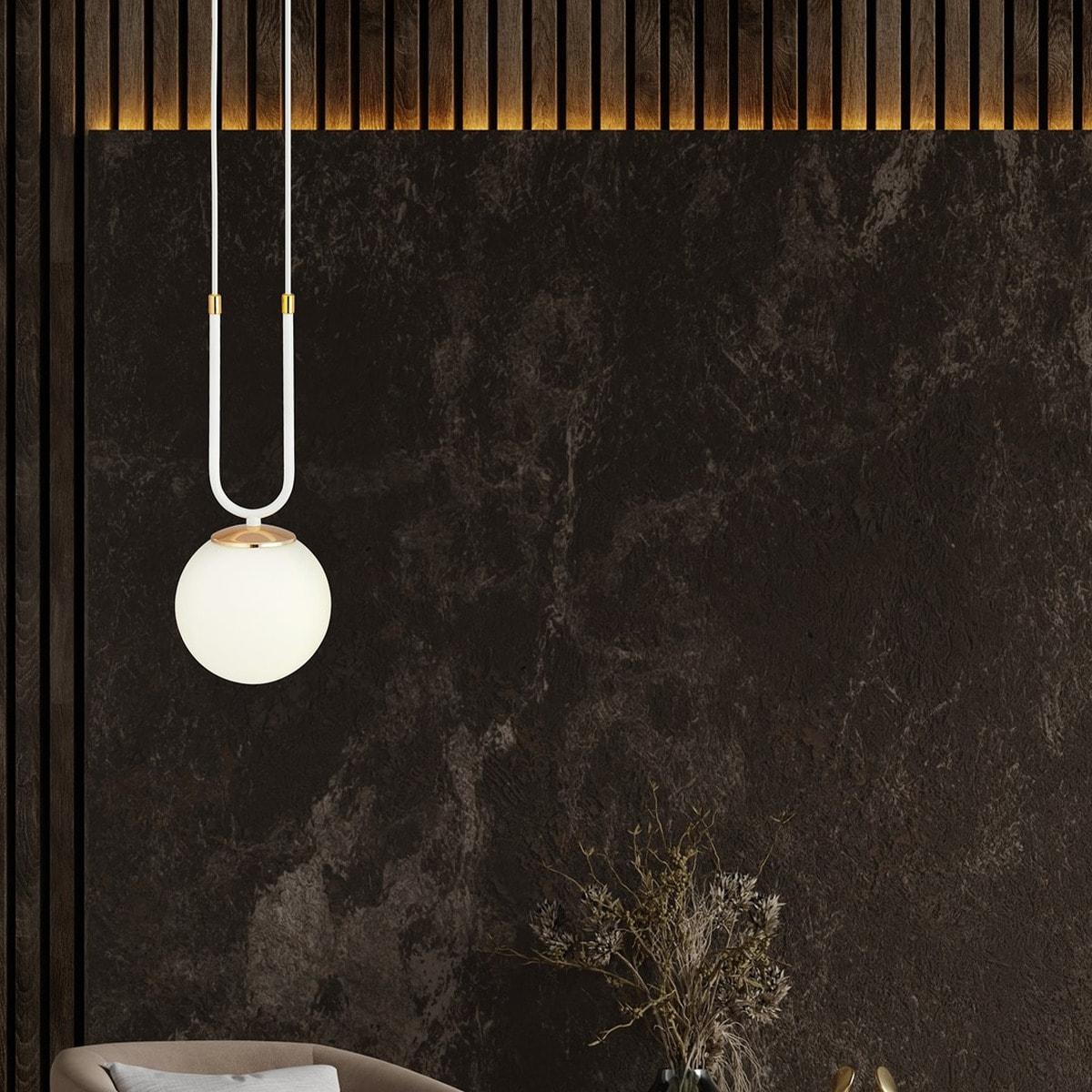 Lampada a sospensione GLAM in acciaio bianco opale e oro