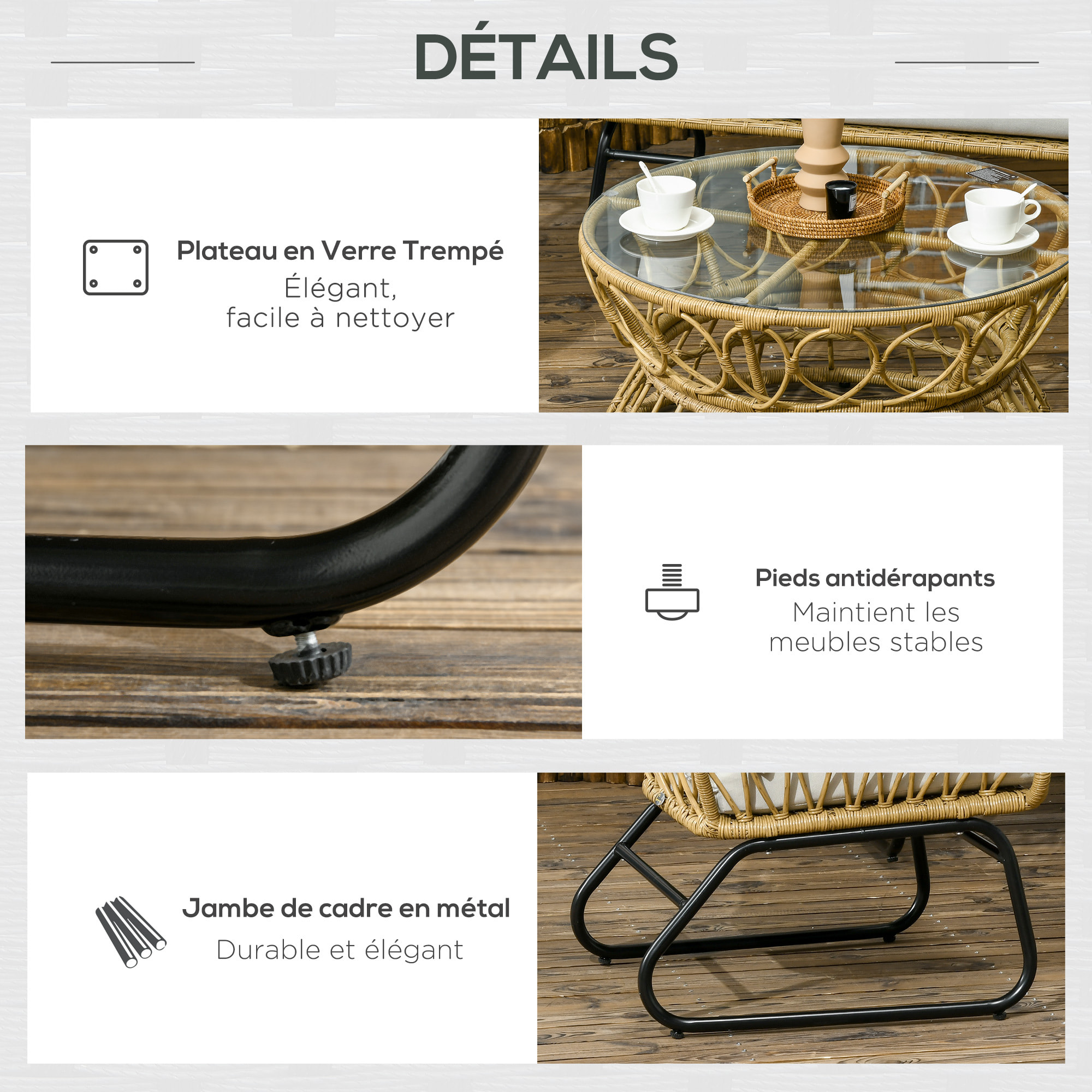 Salon de jardin 4 pièces – Design élégant – Plateau en verre