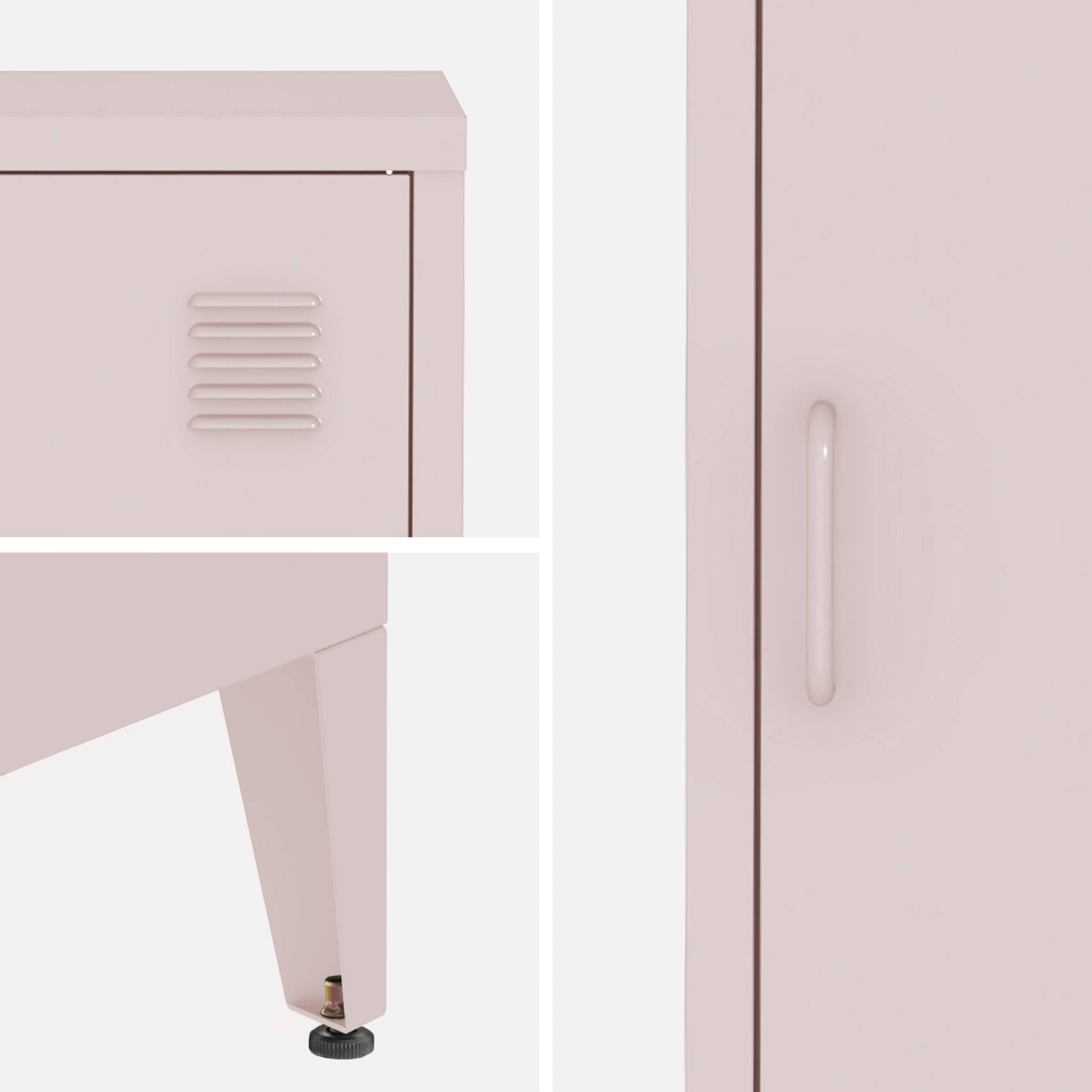 Table de chevet en acier rose. 1 porte. casier. chambre enfant