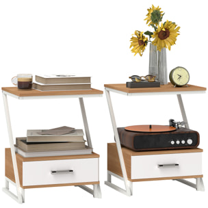Juego de 2 Mesas Auxiliares para Salón Mesitas Auxiliares en Forma de Z con Cajón y Compartimento Mesita Auxiliar para Salón Dormitorio 40x35x50 cm Madera Natural