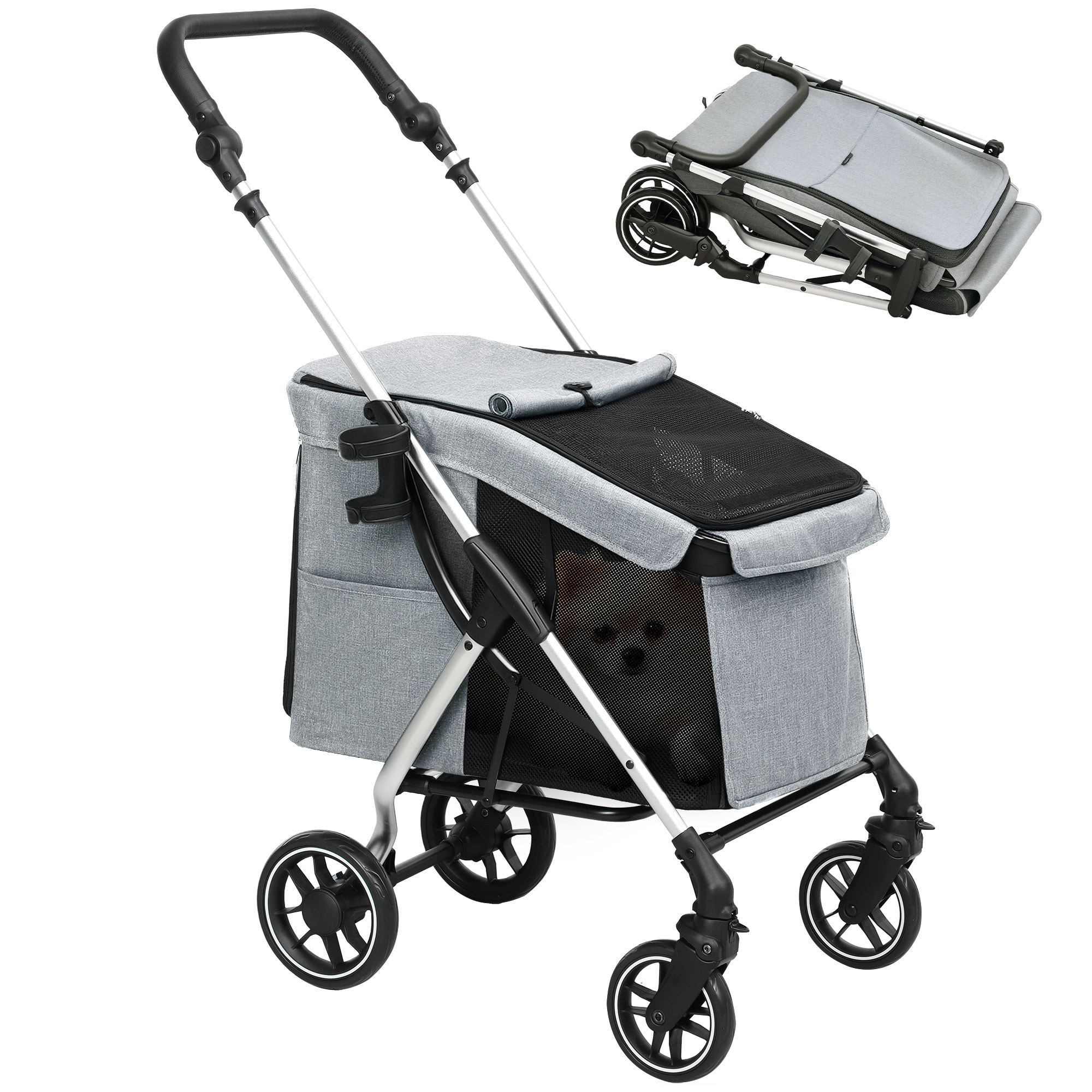 Carrito para Perros Plegable Cochecito para Perros Pequeños hasta 10 kg con Ruedas Universales Marco de Aluminio Correa de Seguridad Cojín Lavable y Ventanas 80x48,5x106 cm Gris