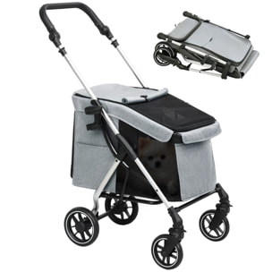 Carrito para Perros Plegable Cochecito para Perros Pequeños hasta 10 kg con Ruedas Universales Marco de Aluminio Correa de Seguridad Cojín Lavable y Ventanas 80x48,5x106 cm Gris