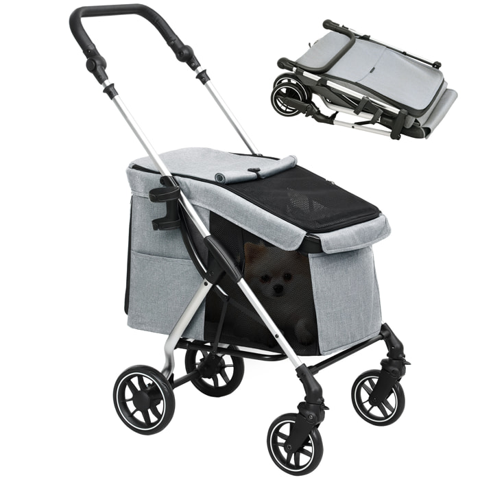 Carrito para Perros Plegable Cochecito para Perros Pequeños hasta 10 kg con Ruedas Universales Marco de Aluminio Correa de Seguridad Cojín Lavable y Ventanas 80x48,5x106 cm Gris
