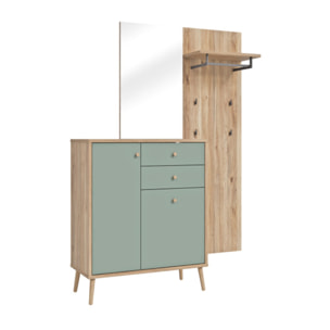 Meuble d’entrée rangement et porte manteau couleur bois et sauge – SACHA