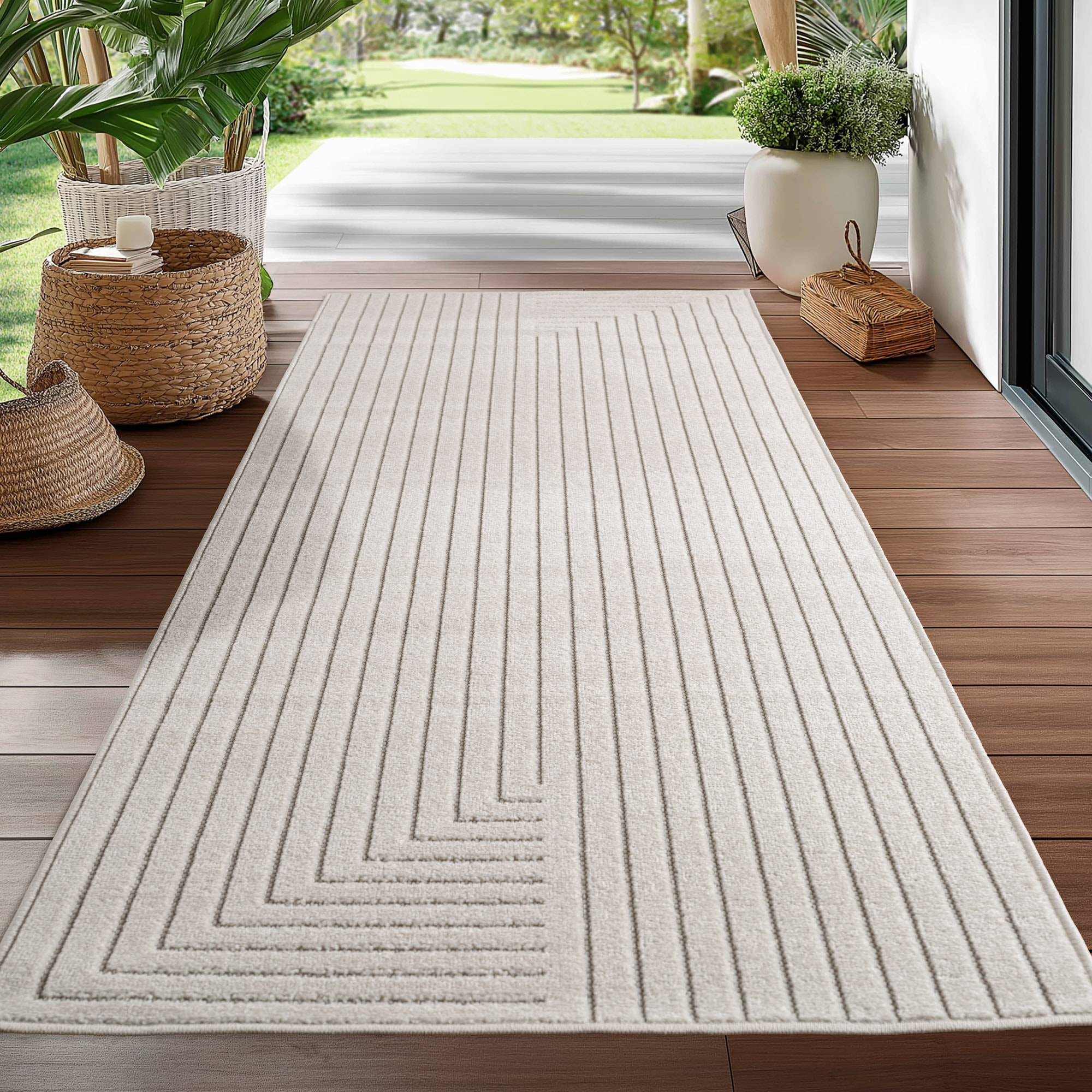 ALVORA - Tapis intérieur/extérieur crème à motif graphique