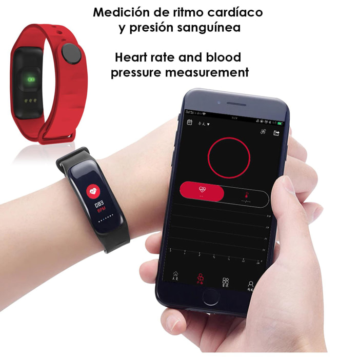 Brazalete inteligente X1 con monitor cardiaco, presión sanguínea y notificaciones.
