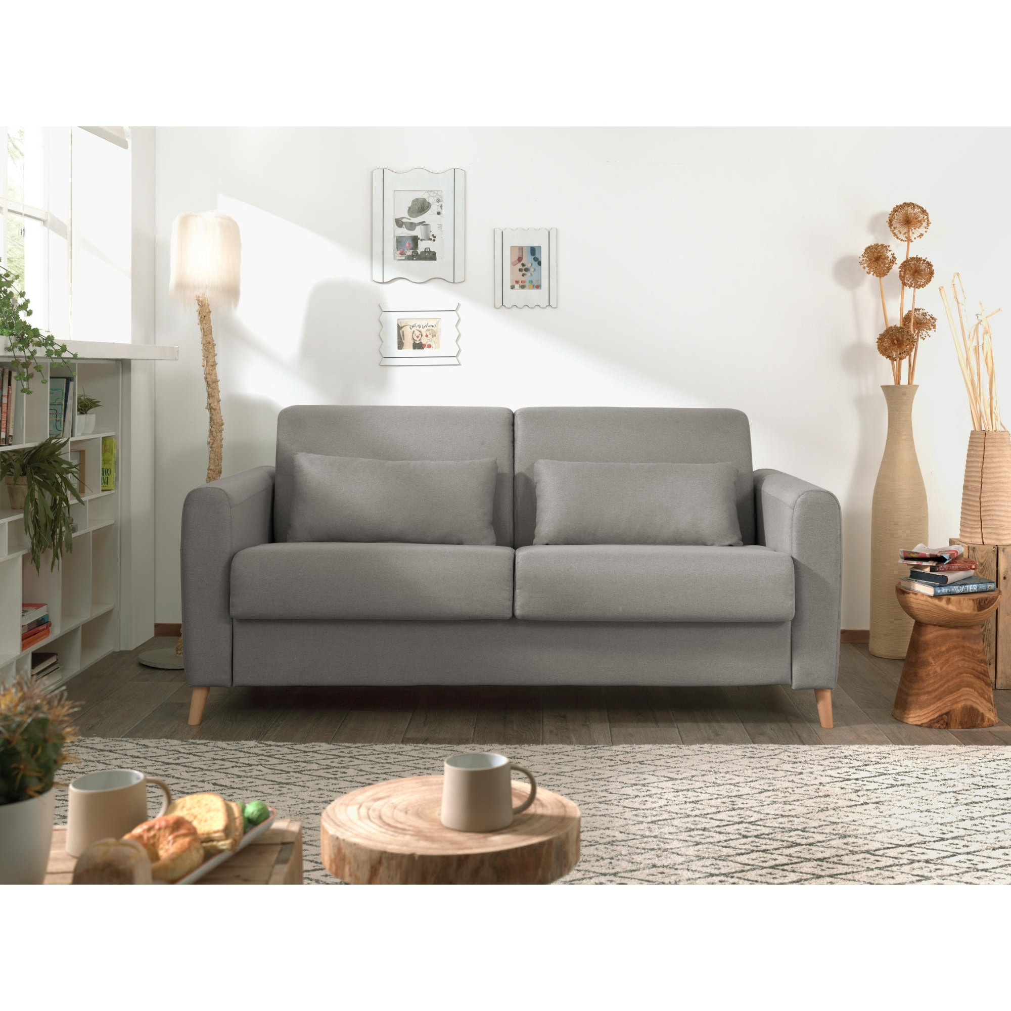 Timo - Canapé 3 places convertible - couchage quotidien - matelas 12 cm - en tissu - Gris clair