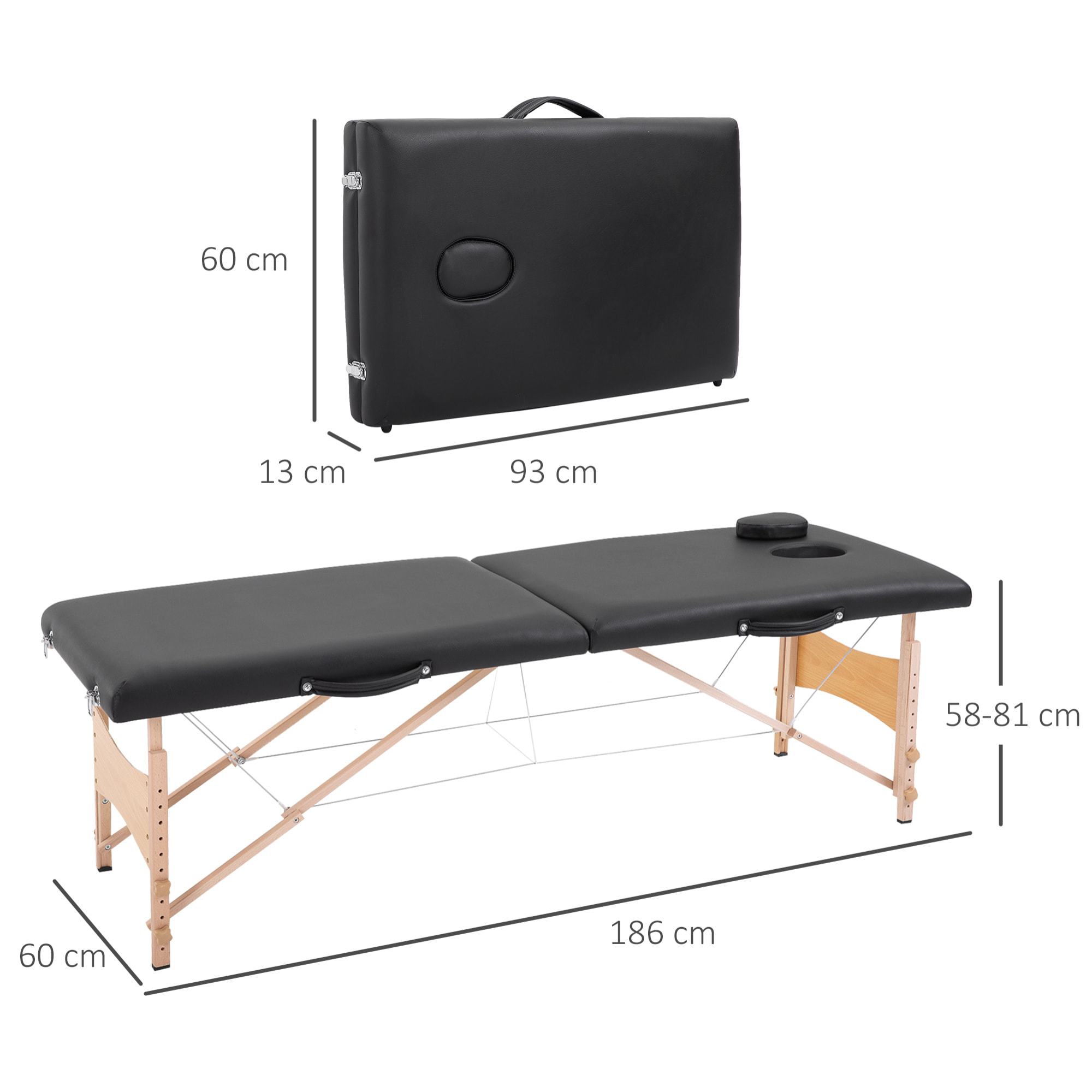 Camilla de Masaje Plegable Mesa de Masaje Portátil con Reposacabezas Marco de Madera Camilla Fisioterapia con Altura Regulable y Bolsa de Transporte 186x60x58-81 cm Negro