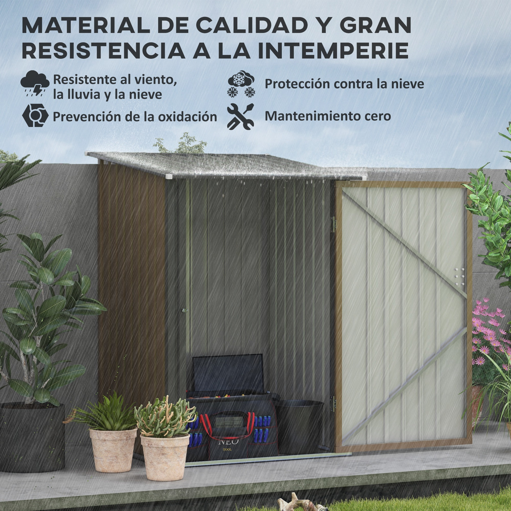 Cobertizo de Jardín de Exterior 0,92 m² 100x103x160 cm Caseta de Jardín Metálica con 1 Puerta y Cerradura para Almacenamiento de Herramientas en Patio Terraza Marrón