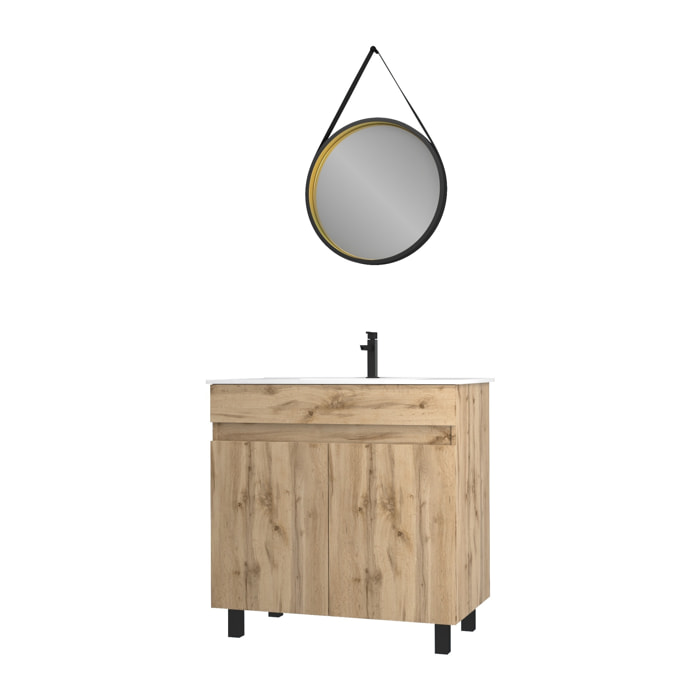 Meuble salle de bain 80x80 -Finition chene naturel + vasque blanche + miroir barber-TIMBER 80-Pack28