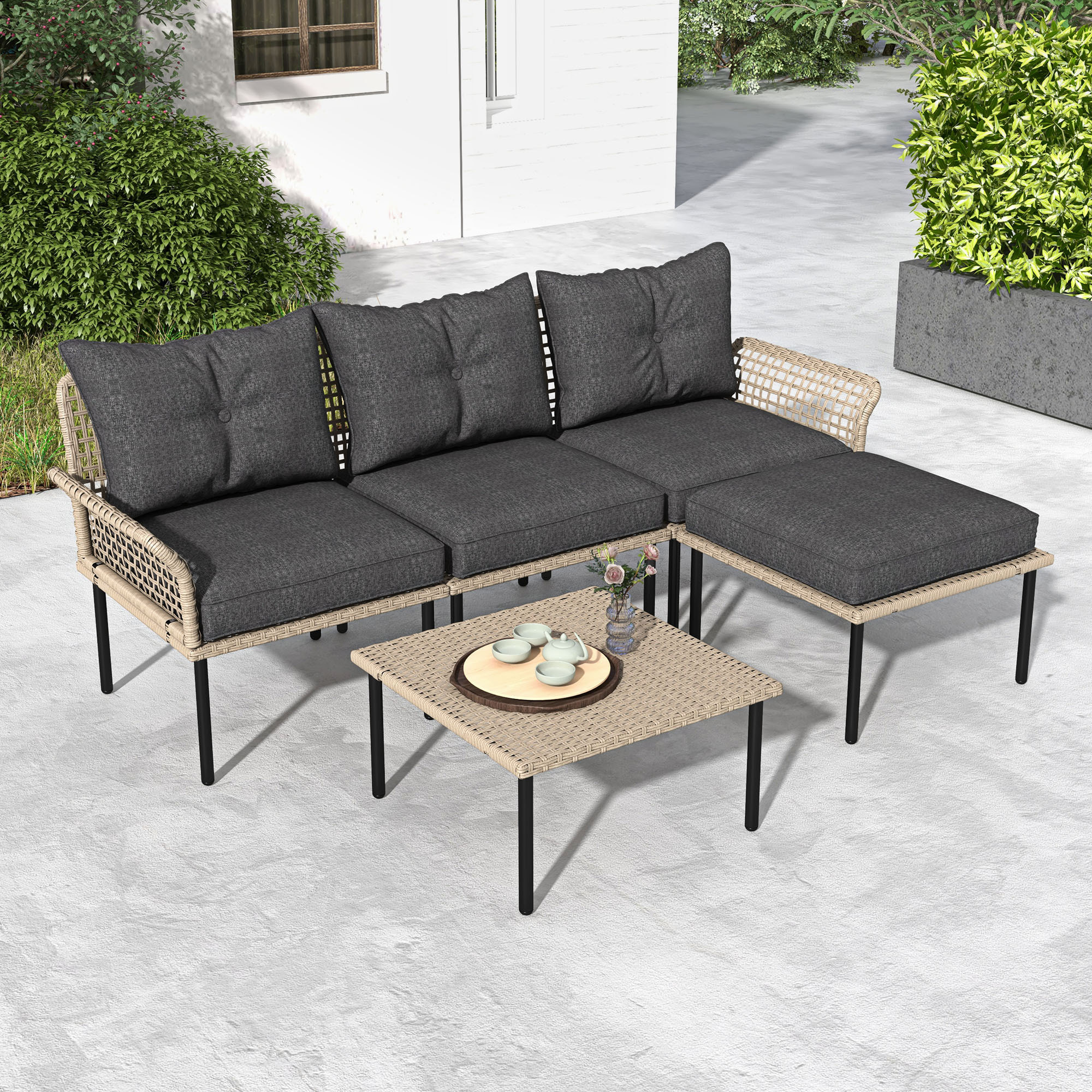 Outsunny Conjunto de Jardín de Ratán Sintético Juego de 5 Piezas Muebles de Jardín con 2 Sofás Esquineras 1 Sofá de Exterior 1 Taburete 1 Mesa de Centro y Cojines para Terraza Patio Gris