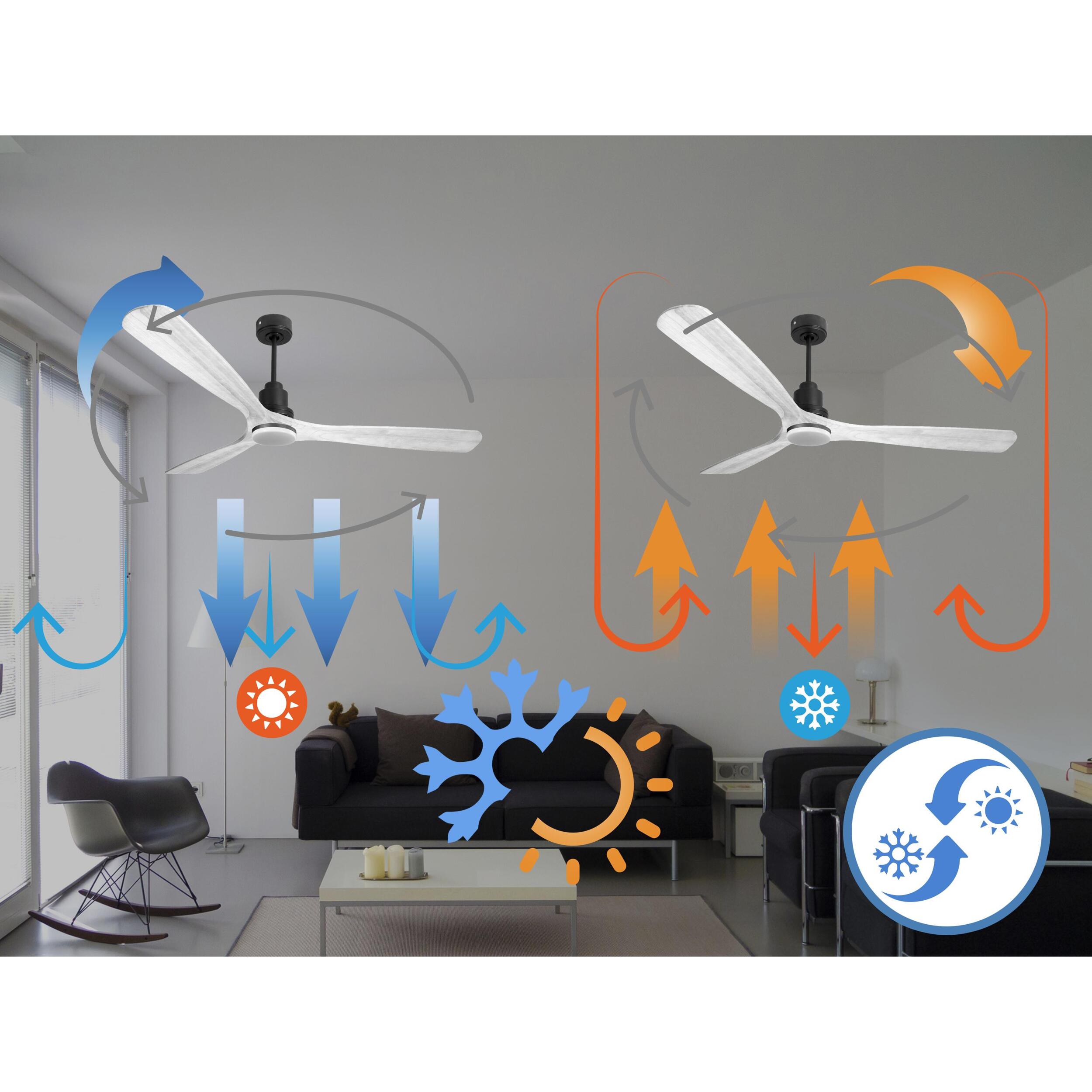 Ventilador de techo Modo Invierno/Verano Termostato Dimable Wifi Motor DC Techos Inclinados Mando a Distancia Luz tres tonos Hypersilence Memoria Vendible Shopify (AUTOMATICO) MadeiraD166C04LED64646 PURLINE