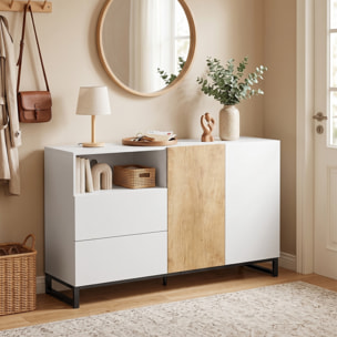 Aparador de 2 Puertas, Aparador de Salón Estrecho con 2 Cajones, Compartimento Abierto, Armario de Cocina con Estante Ajustable, para Entrada, Dormitorio, 140x40x85 cm, Blanco y Roble