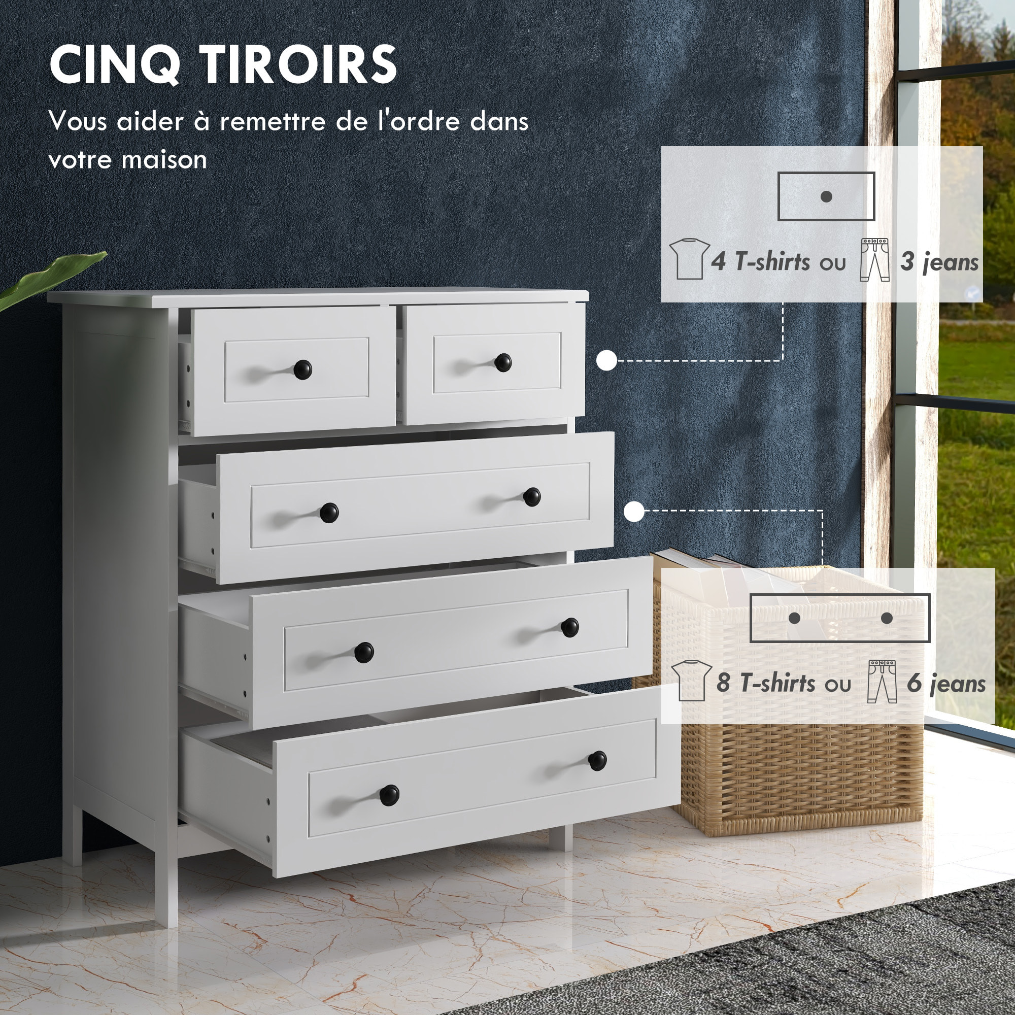 Commode 5 tiroirs style contemporain poignées boutons métal noir MDF panneaux blanc