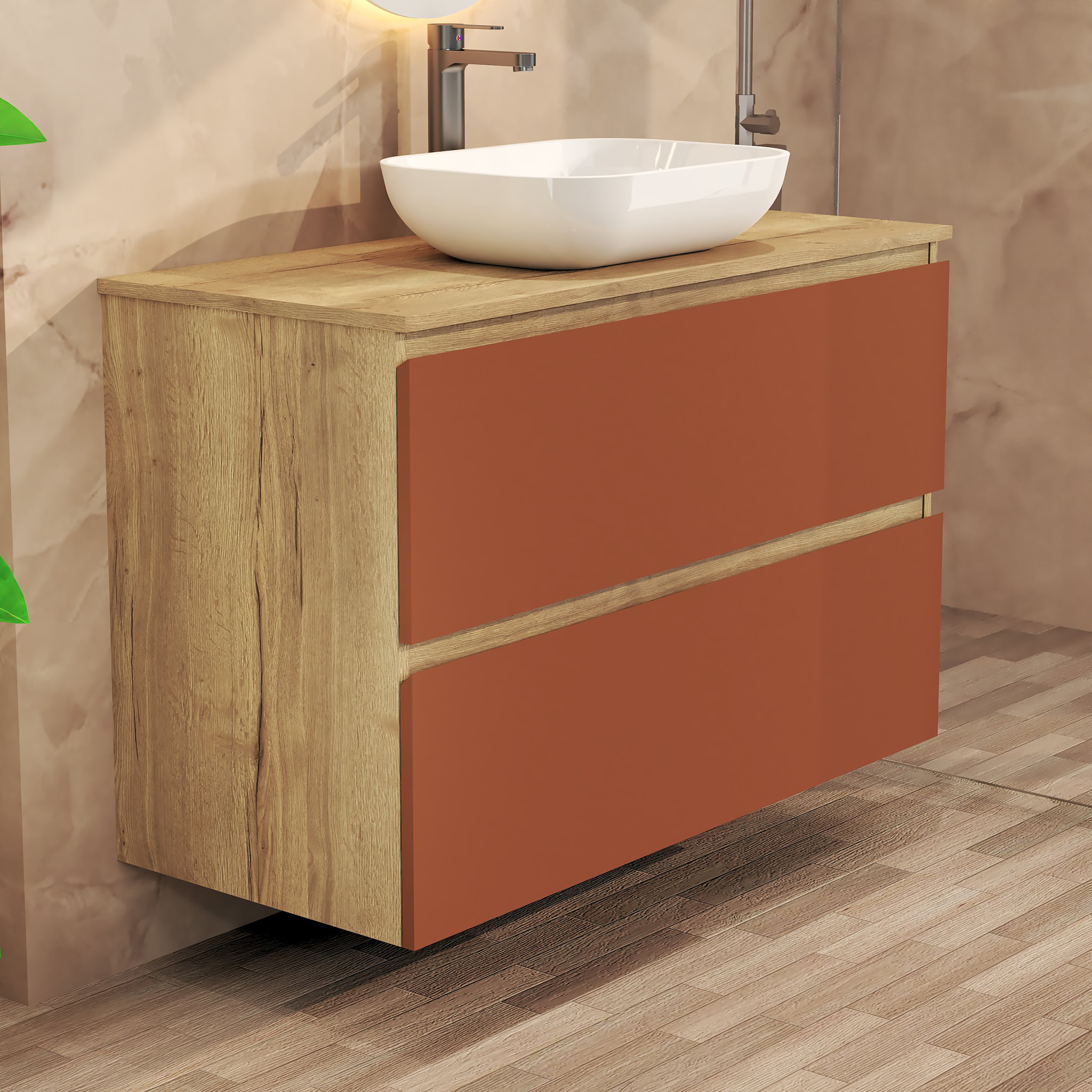 CONJUNTO DE BAÑO NIA | MUEBLE SUSPENDIDO | 100 CM SCARLATO | DOS CAJONES | LAVABO SOBREPUESTO | NO INCLUYE ESPEJO | MUEBLE MONTADO| ALDAY