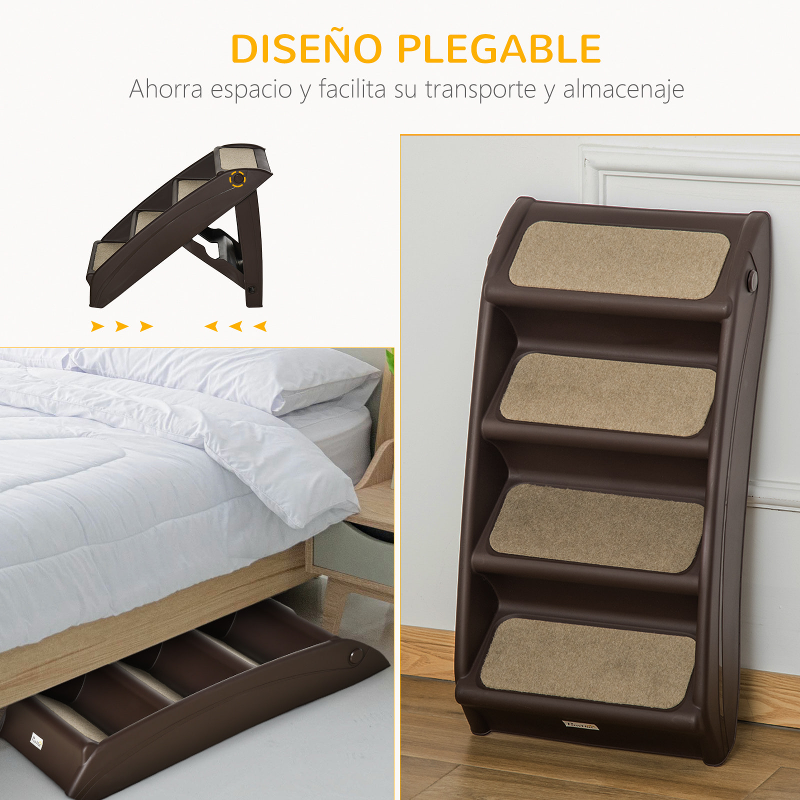 Escalera Plegable para Mascotas de 4 Peldaños Escalón para Perros Gatos Portátil con Alfombras Antideslizantes para Cama Sofá Carga 20 kg 62x38x49,5 cm Marrón Oscuro