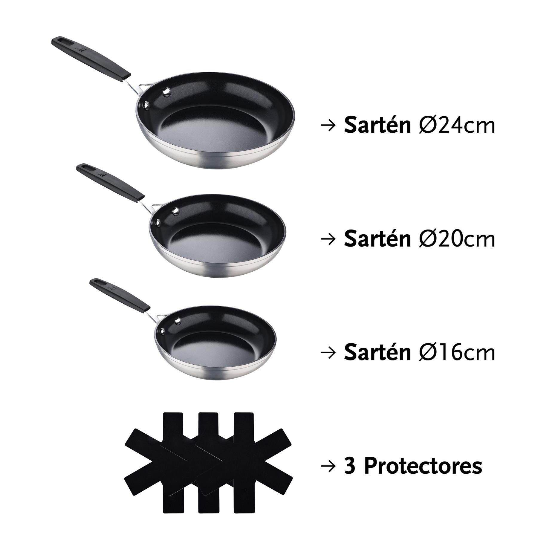 Juego de 3 sartenes ø16ø20ø24cm y 3 protectores en aluminio forjado antiadherentes masterpro