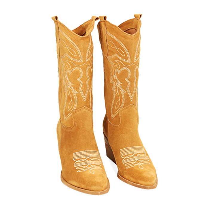 Botas de ante coñac tejano, tacón de 7 cm