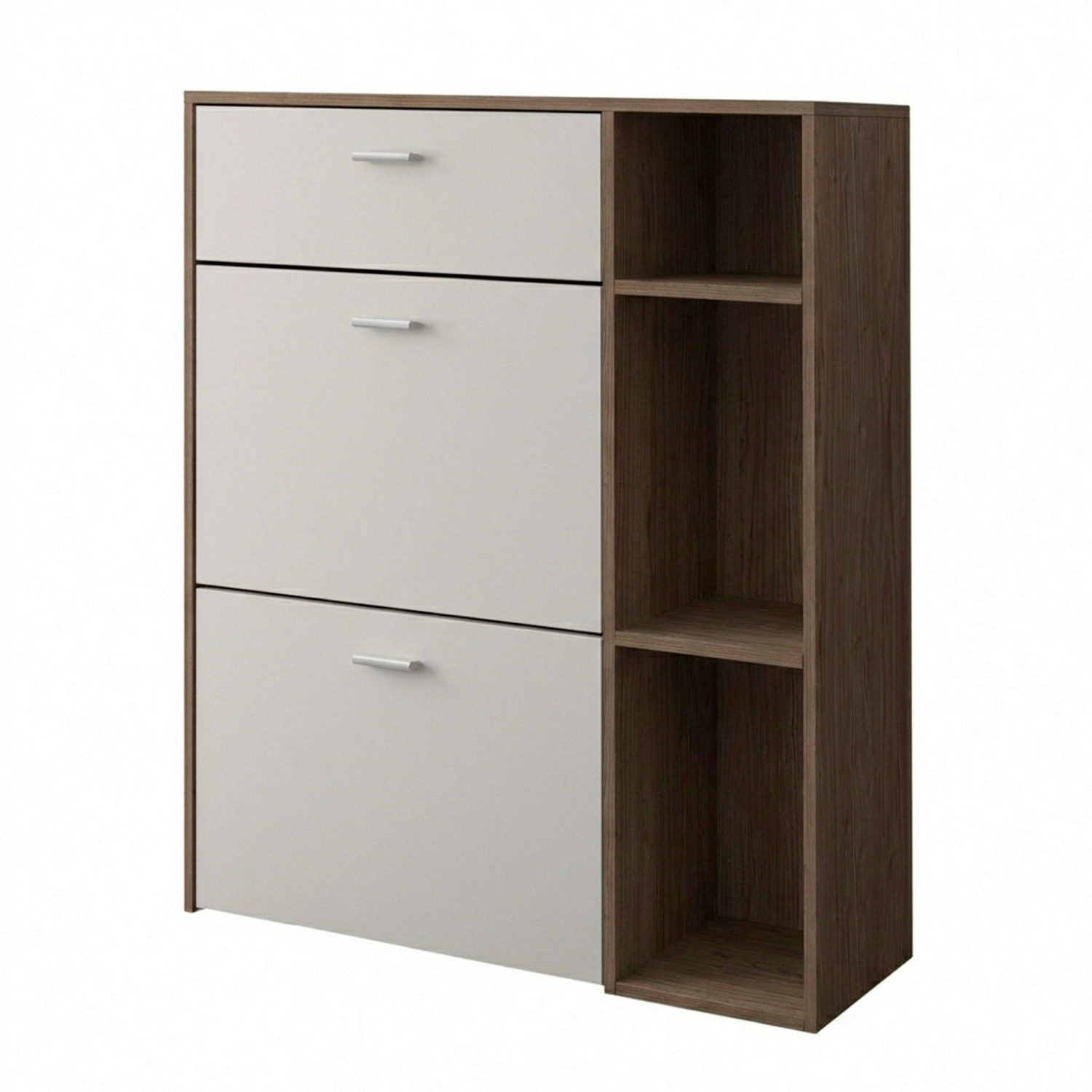 Scarpiera Mobile Portascarpe Salvaspazio Ingresso Con 2 Ribalte Doppia Profondità 1 Cassetto 3 Vani A Giorno 90x101.5x26 Cm Bianco Noce
