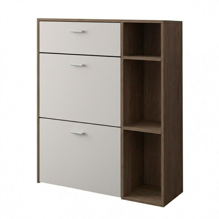 Scarpiera Mobile Portascarpe Salvaspazio Ingresso Con 2 Ribalte Doppia Profondità 1 Cassetto 3 Vani A Giorno 90x101.5x26 Cm Bianco Noce