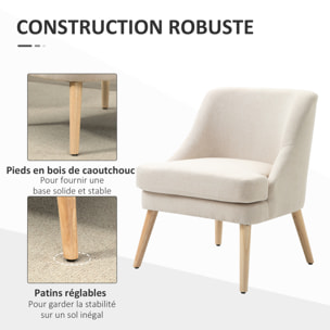 Fauteuil lounge design scandinave pieds effilés bois massif hévéa revêtement tissu polyester aspect lin beige