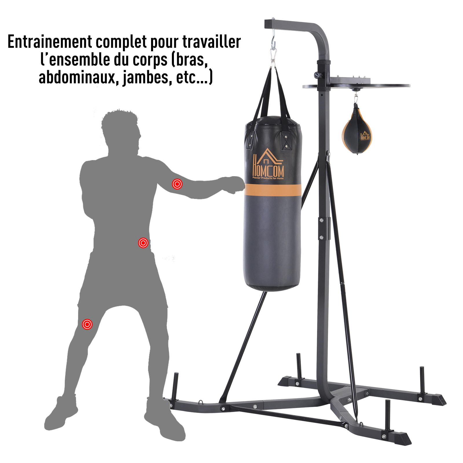 Portique sac de frappe plateforme station de boxe complète avec sac de frappe + poire de vitesse hauteur réglable 5 niveaux pompe à air fournie acier noir gris