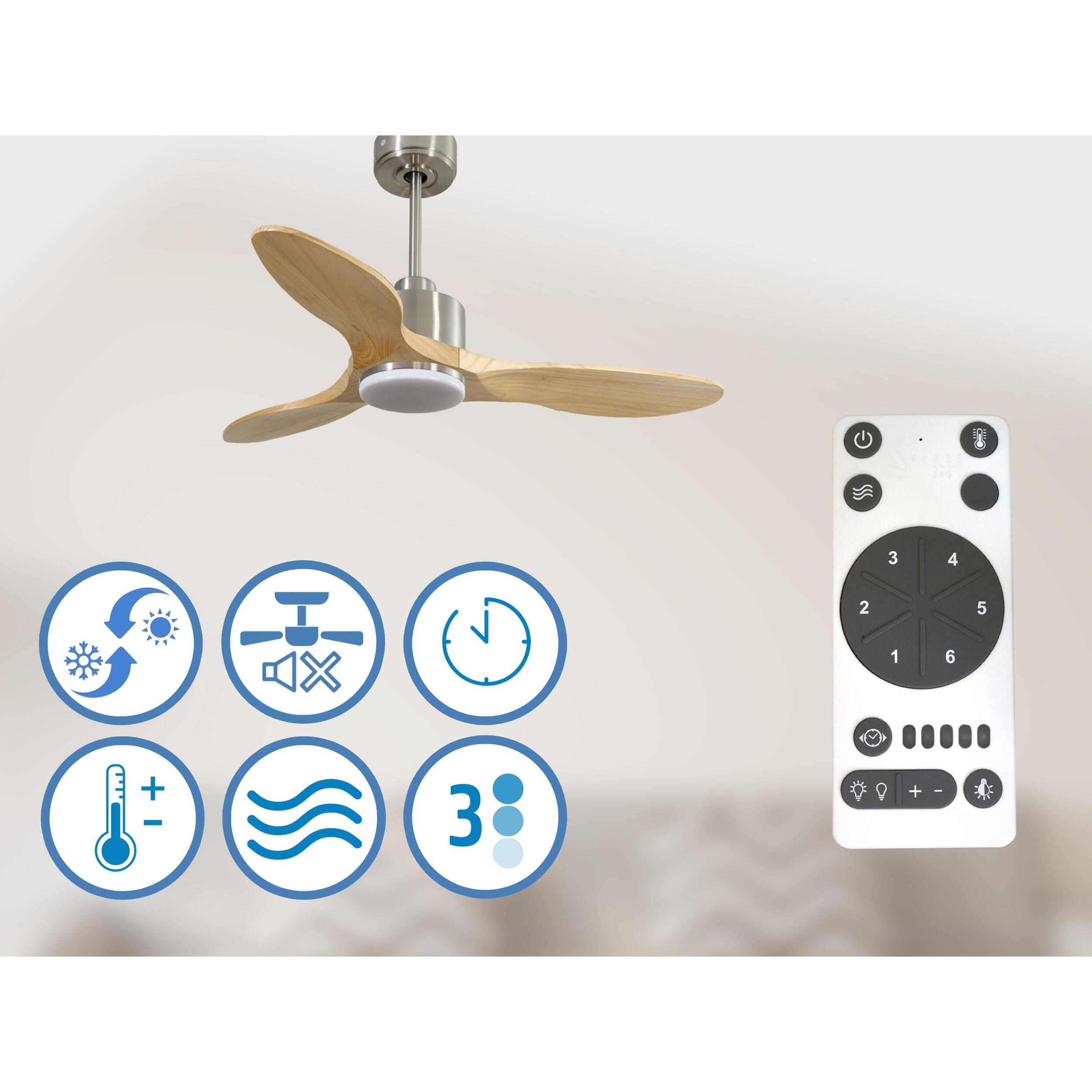 Ventilateur de plafond Réversible  Thermostat Dimmable Wifi Moteur à courant continu Toits en pente Télécommande Lumière à trois tons Hypersilence Mémoire