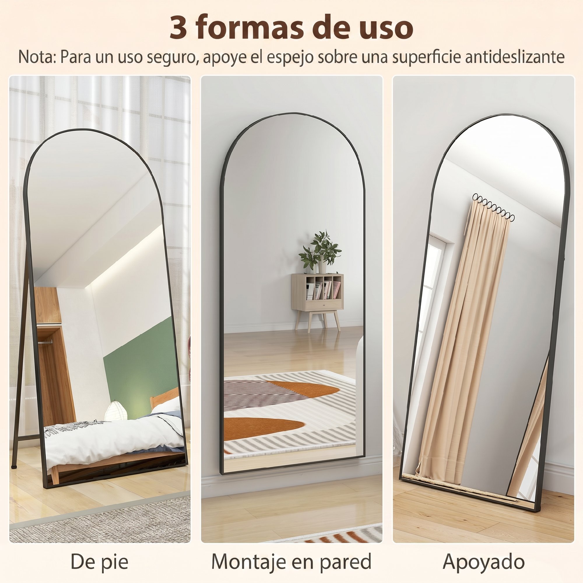 Espejo de Cuerpo Entero, 180x80 cm, Espejo de Pie Arqueado, Marco de Aluminio Negro, Independiente, Apoyado y de Pared, para Dormitorio, Salón