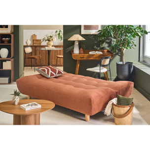 Canapé convertible scandinave 3 places en tissu chenille terre brûlée et bois clair YUMI