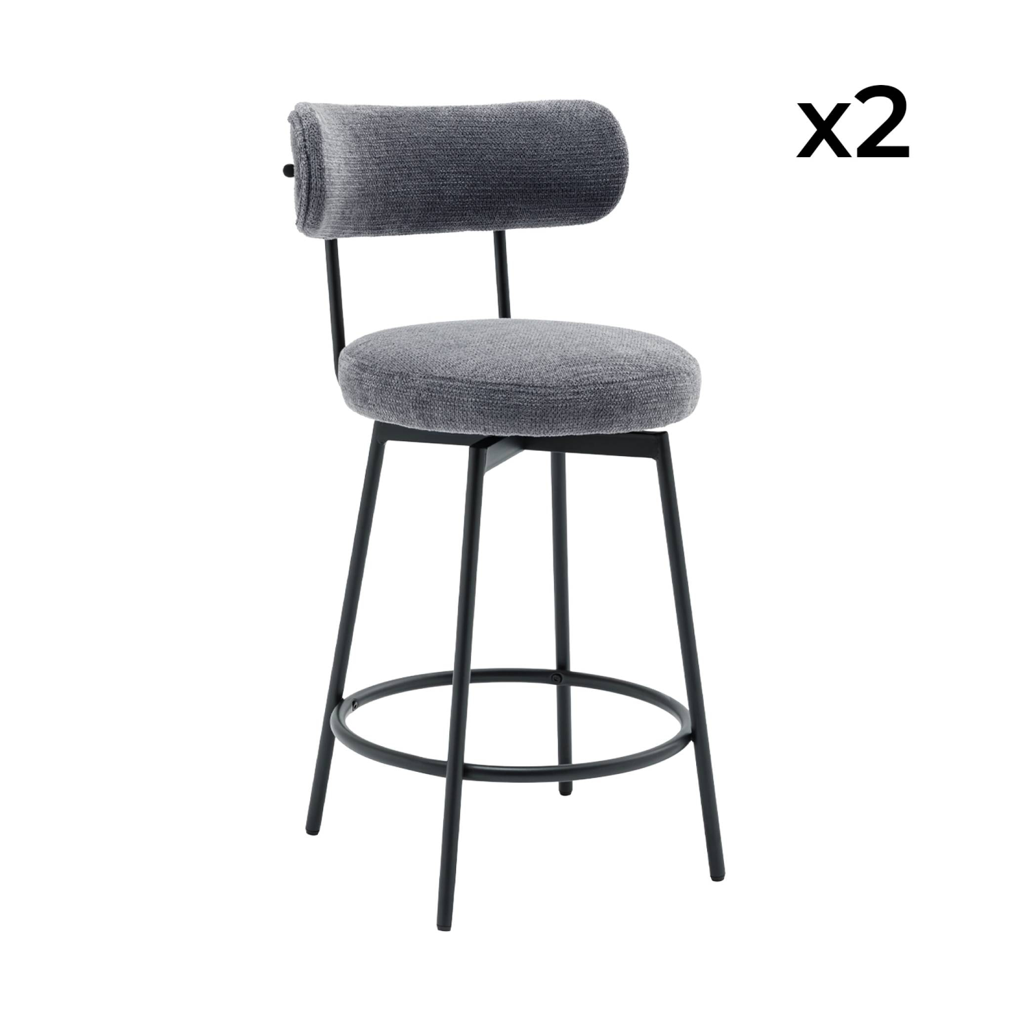 Lot de deux tabourets de bar assise rotative métal noir et tissu gris - L 50 x P 50 x H 92cm - Iris