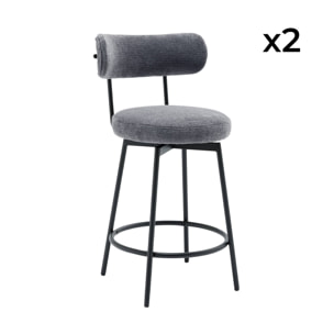 Lot de deux tabourets de bar assise rotative métal noir et tissu gris - L 50 x P 50 x H 92cm - Iris