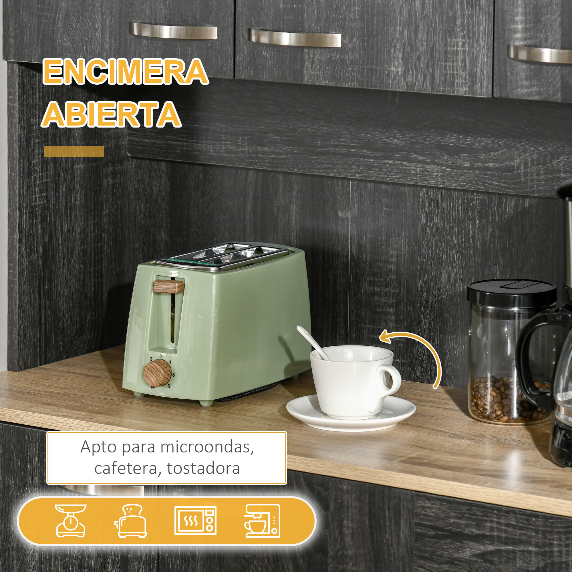 Alacena de Cocina Mueble Auxiliar de Cocina Alta con 6 Puertas Cajón Encimera Abierta y Estantes Ajustables Estilo Moderno Negro Veteado 101x39x180 cm