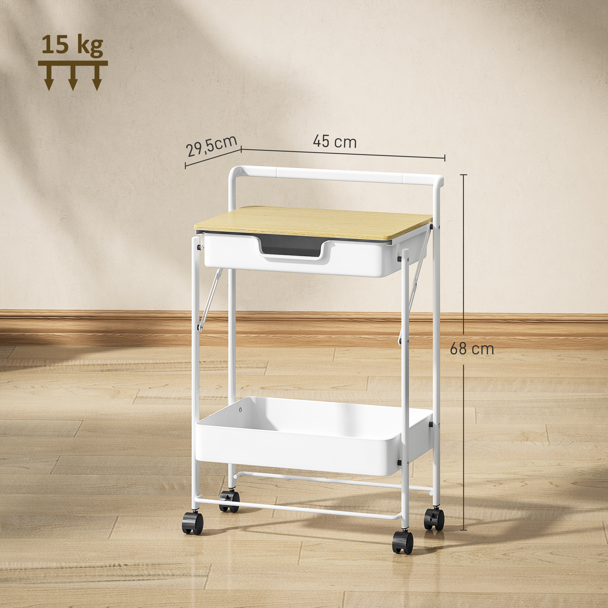 Carrito Auxiliar con Ruedas de 2 Niveles Carro de Cocina Estrecho con 1 Cajón y 1 Cesta Carrito Organizador para Dormitorio Salón Oficina Blanco
