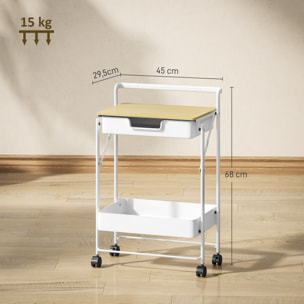 Carrito Auxiliar con Ruedas de 2 Niveles Carro de Cocina Estrecho con 1 Cajón y 1 Cesta Carrito Organizador para Dormitorio Salón Oficina Blanco