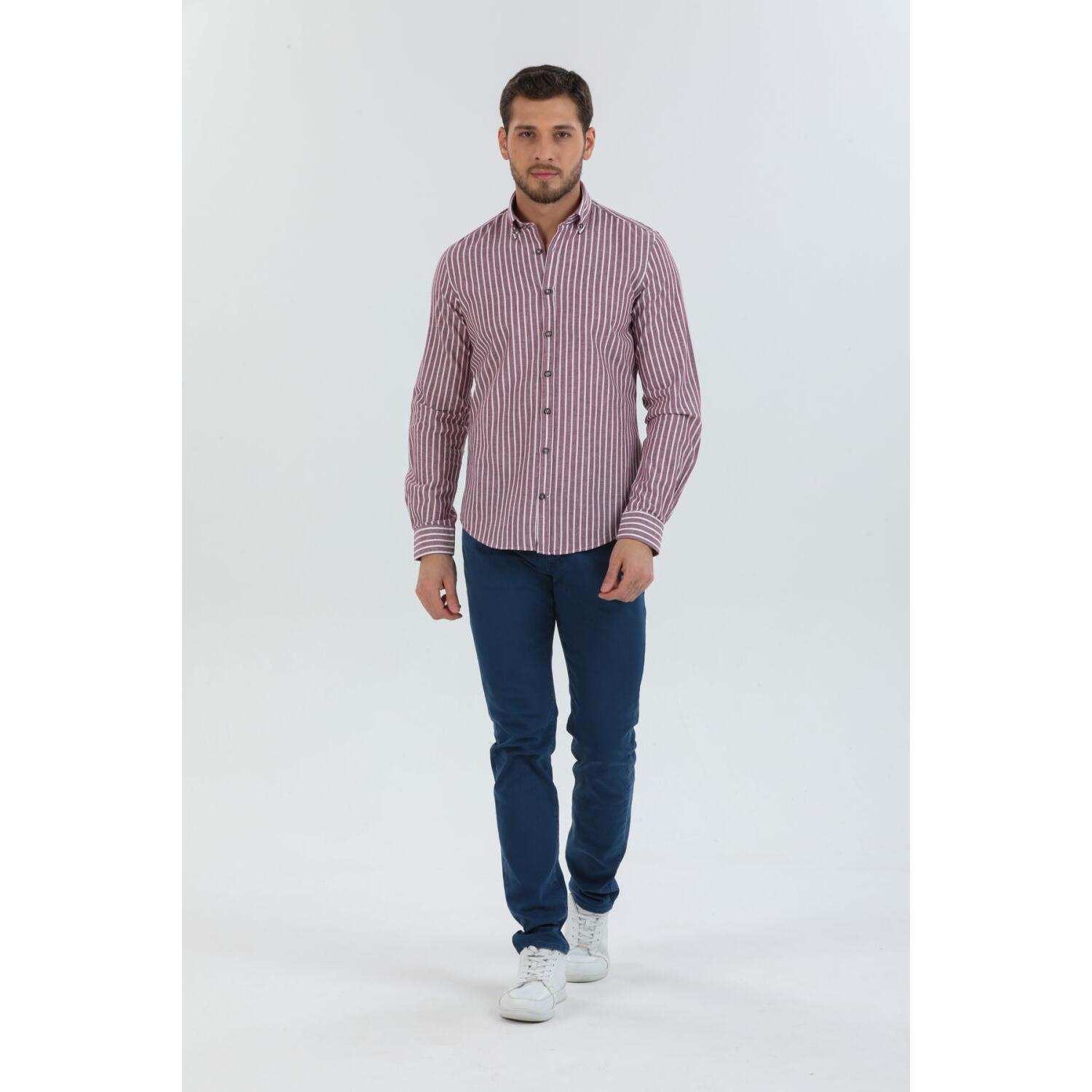 camicia uomo 1 bottone button down slim Lino Cotone Riga Media Bordeaux e Rosa